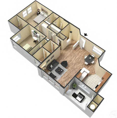 Floor plan for 2 beds, 2 baths, 1136 sqft